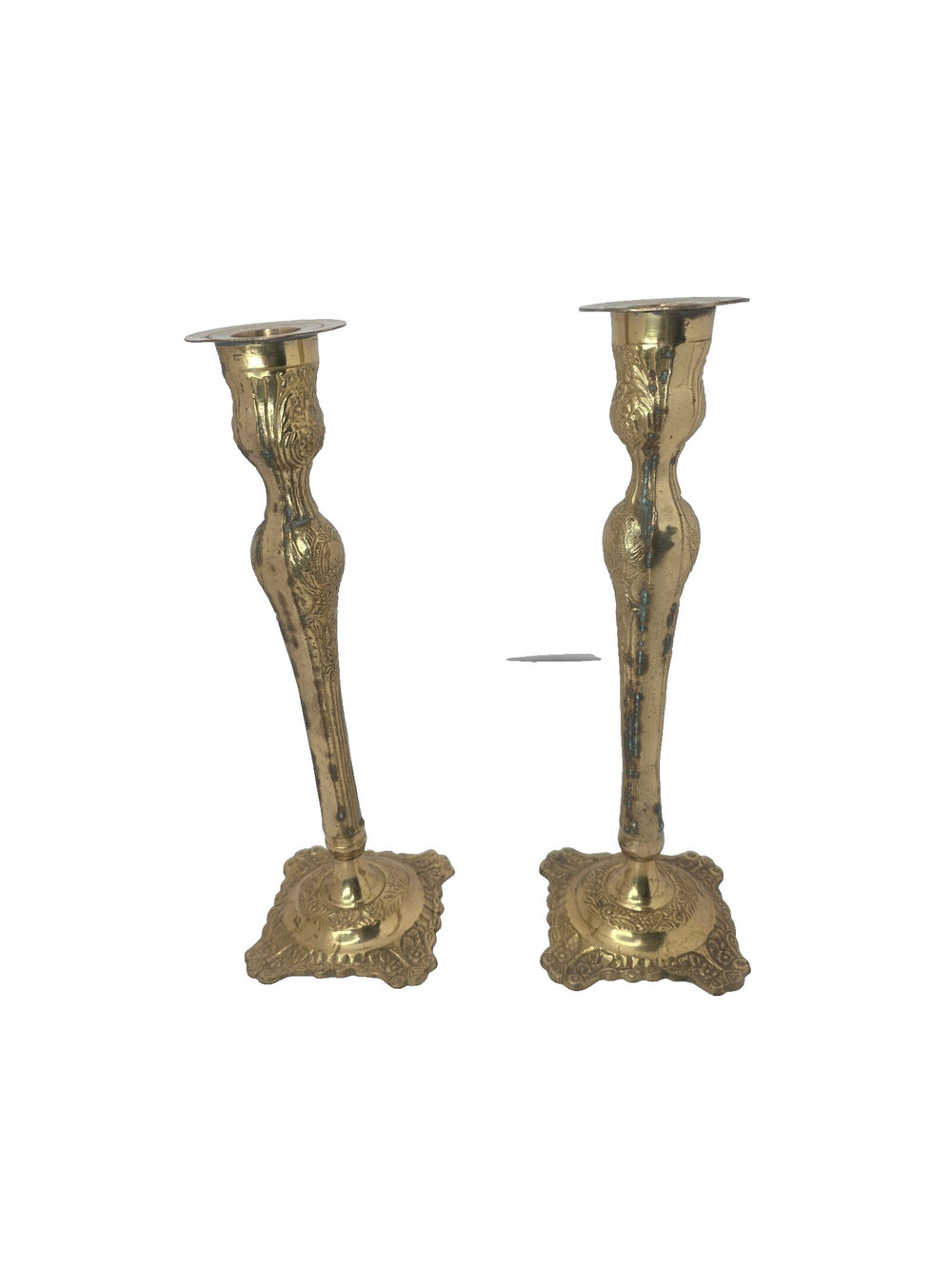 Vintage Ornate Lacquered Brass Candlestick Holders Pair Made In India 11.5"